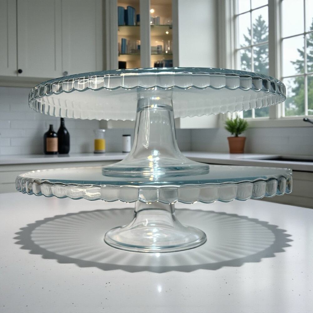 2 Vintage Clear Glass Pedestal Cake Stand With Scalloped Edge - Large 13” & 11”